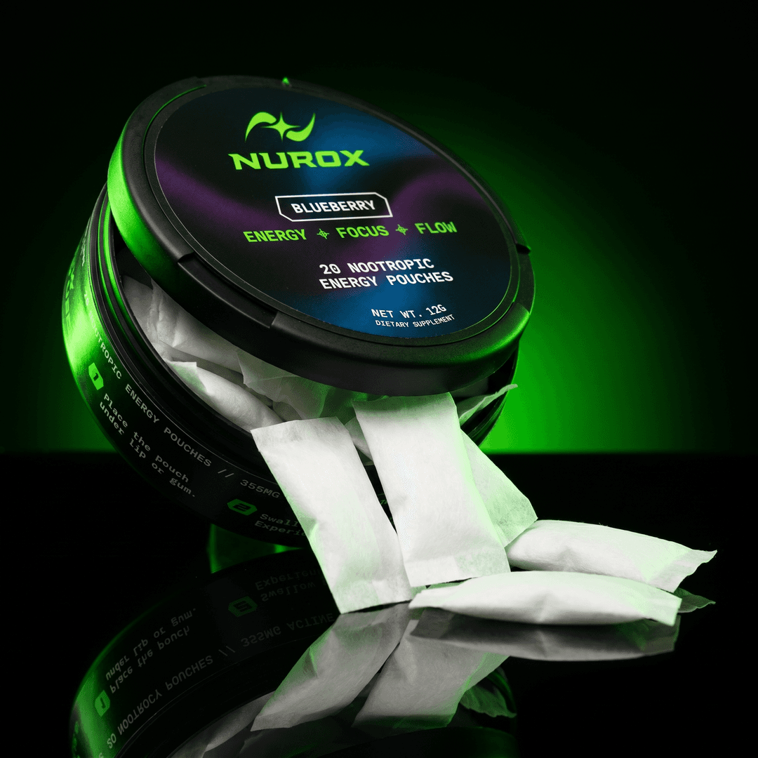 Open NUROX tin with pouches spilling out